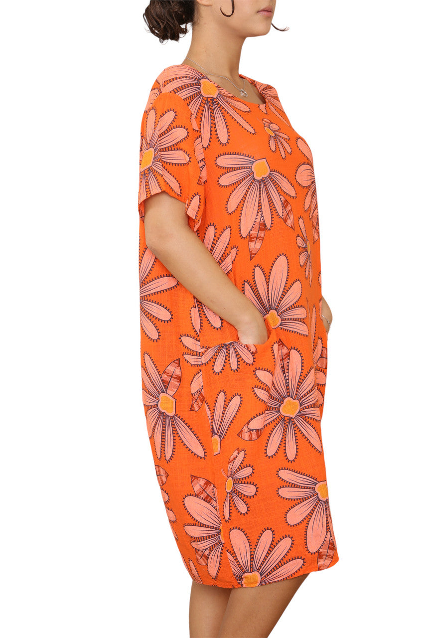 Ladies Daisy Print Tunic Dress Orange