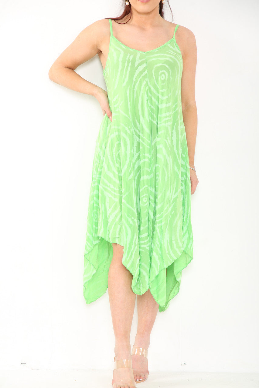 TIE DYE SWIRL PRINT STRAPPY DRESS GREEN
