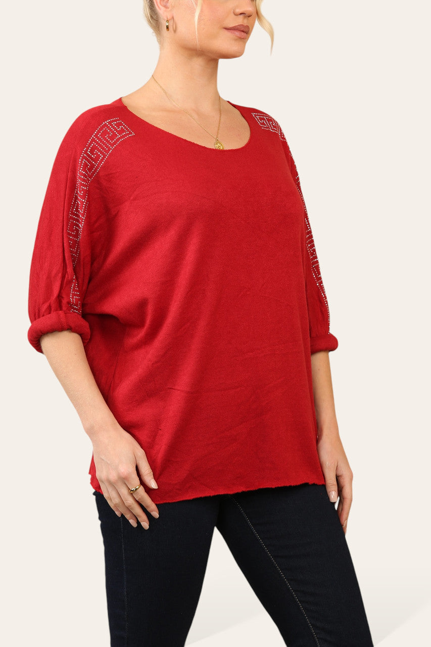 GEOMETRISCHE DIAMANTE MOUW FIJNGEBREIDE TRUI TOP ROOD