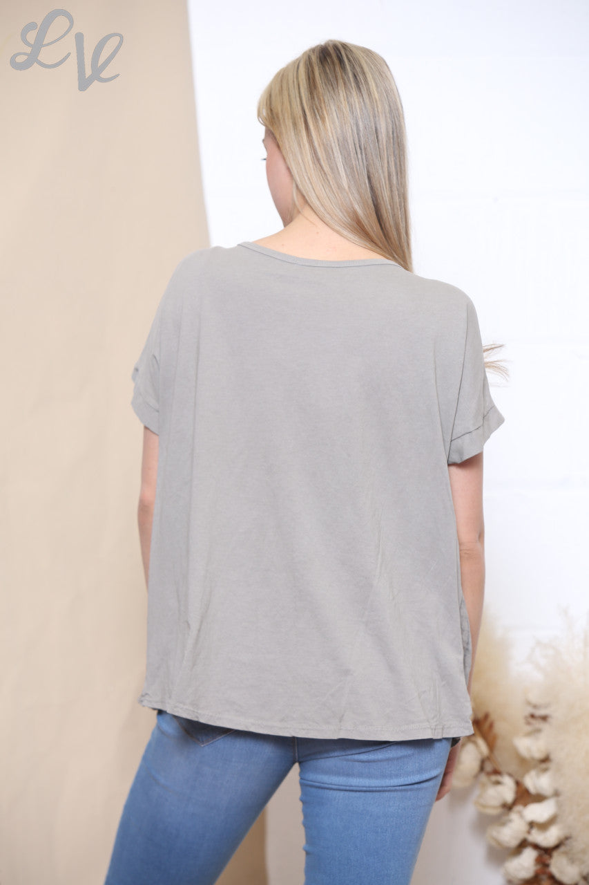 Dames top met marmerprint taupe
