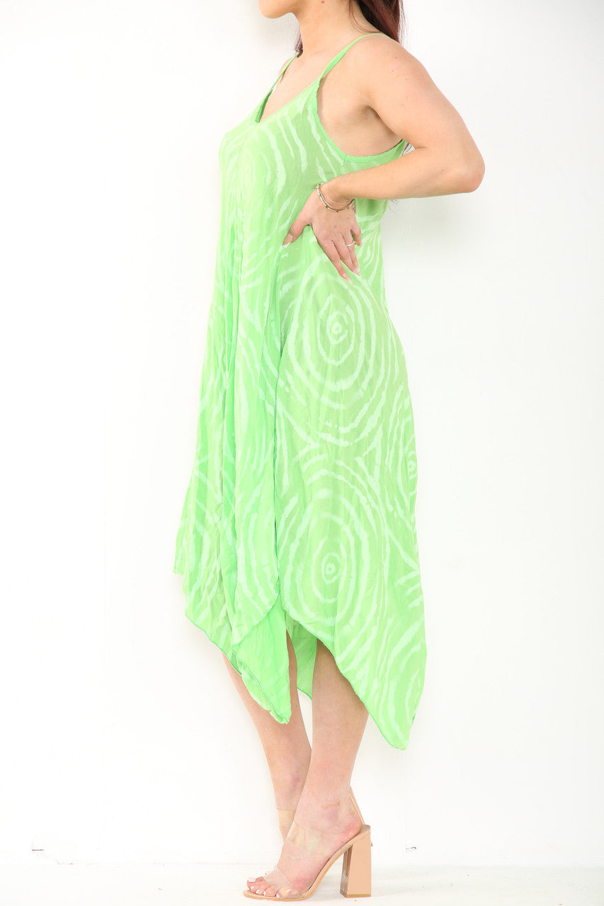 TIE DYE SWIRL PRINT STRAPPY DRESS GREEN
