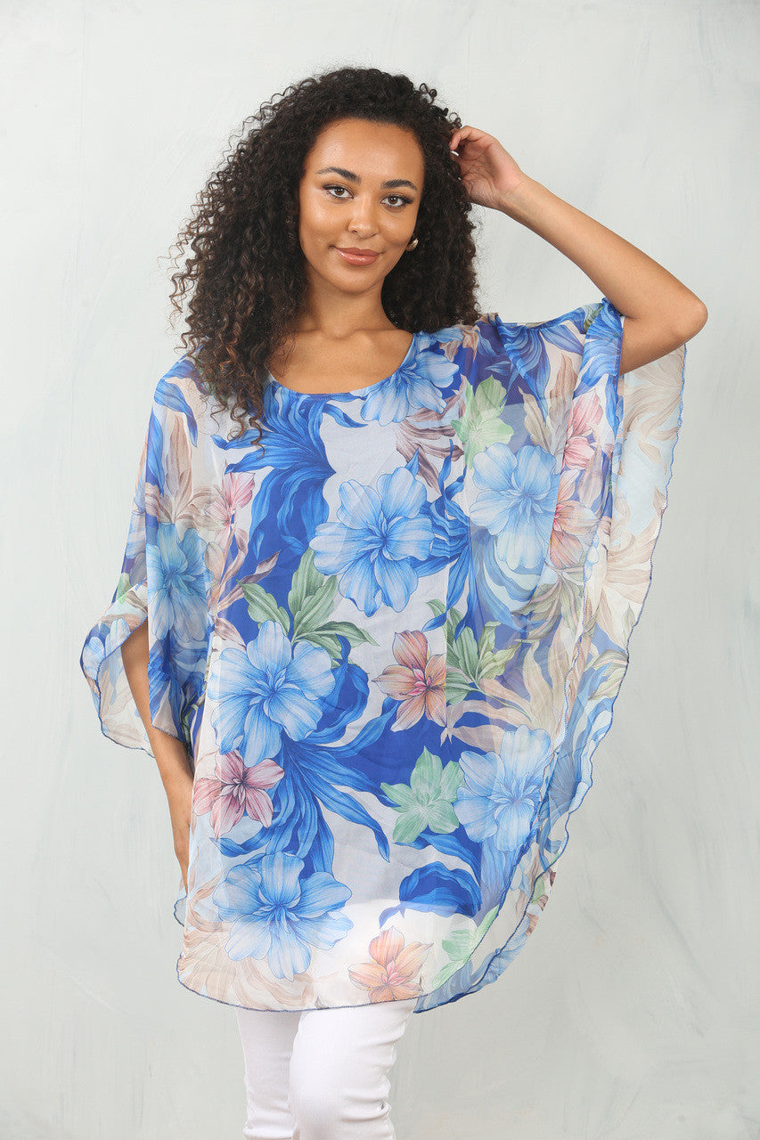 BLOEMENBLAD PRINT LUCHTIGE BLOUSE TOP - KONINGSBLAUW