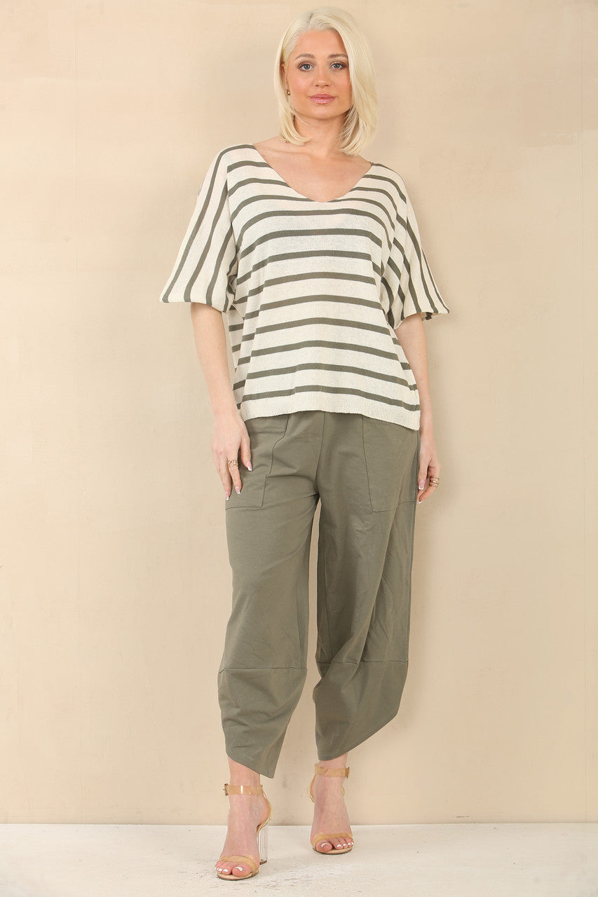 FINE KNIT STRIPE SHORT SLEEVE JUMPER - KHAKI