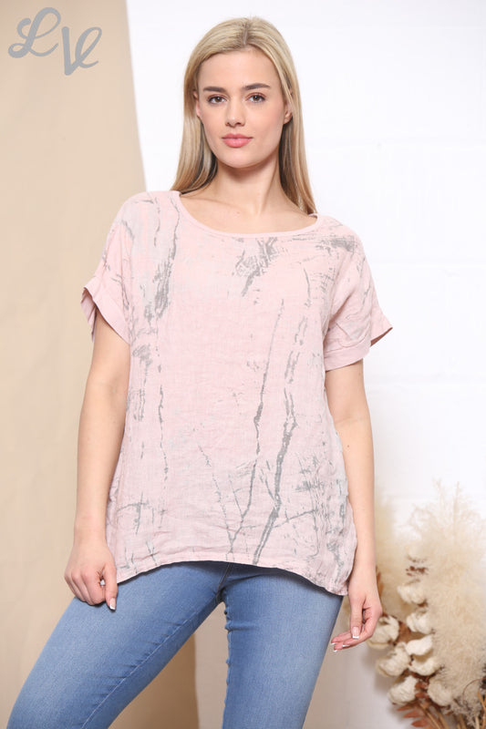 Ladies Marble Print Top Dusty Pink