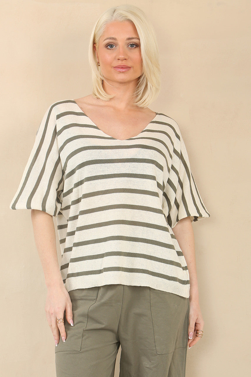 FINE KNIT STRIPE SHORT SLEEVE JUMPER - KHAKI