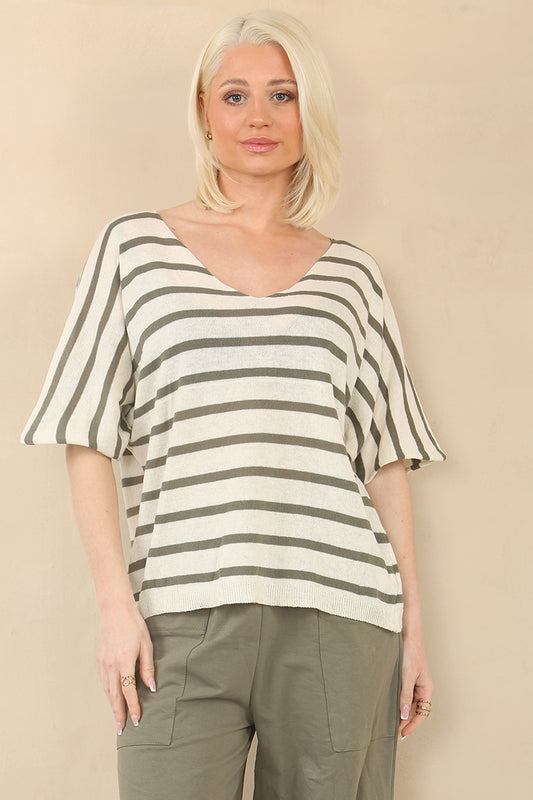 FINE KNIT STRIPE SHORT SLEEVE JUMPER - KHAKI
