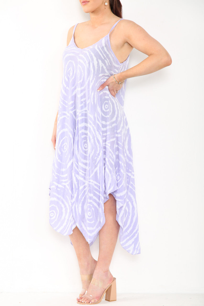 Ladies Tie Dye Swirl Print Strappy Dress Lilac