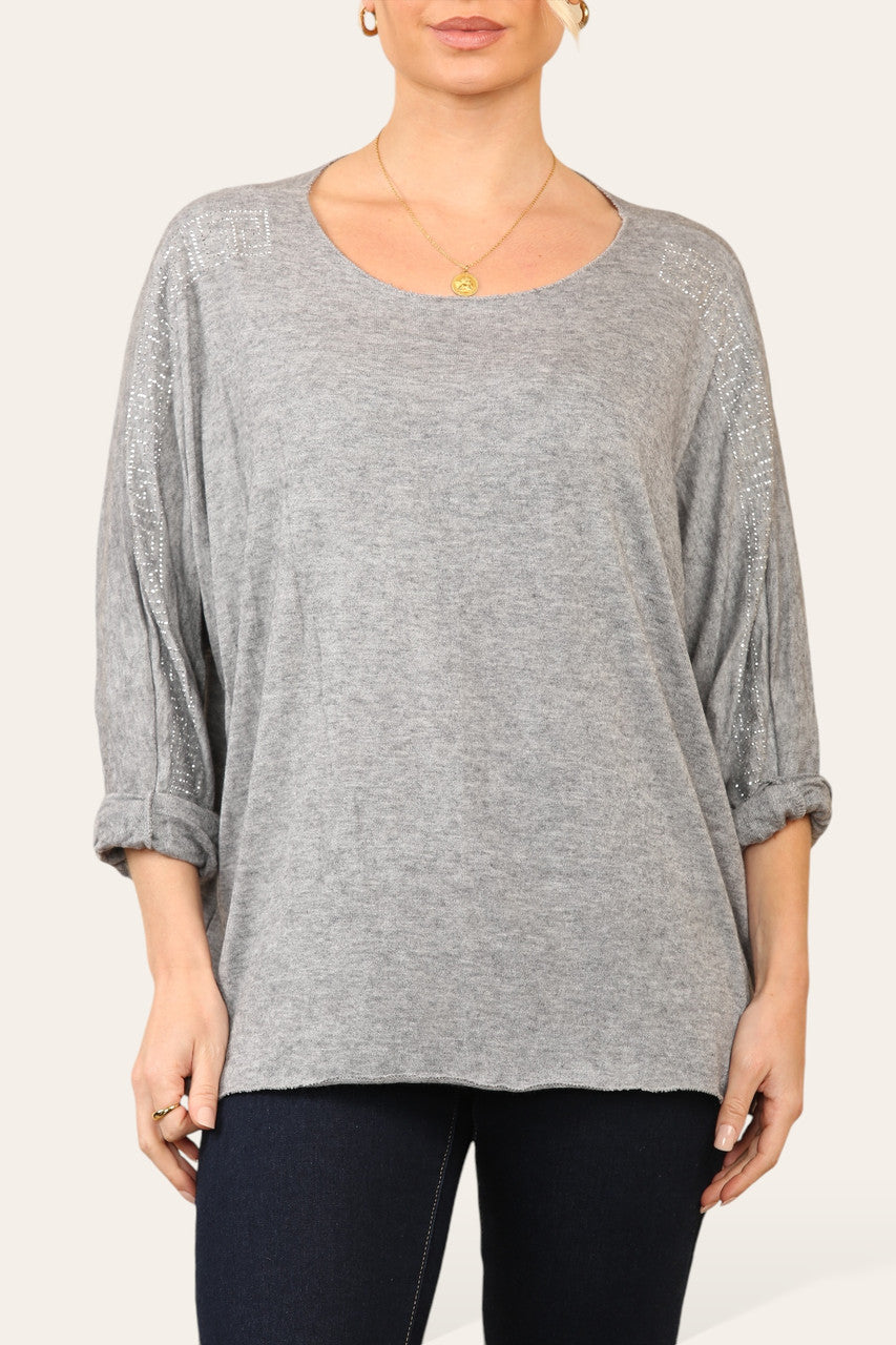 GEOMETRIC DIAMANTE SLEEVE FINE KNIT JUMPER TOP GREY