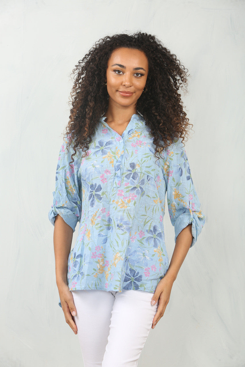 DITSY FLORAL MIX GRANDAD SHIRT BLOUSE - LIGHT BLUE