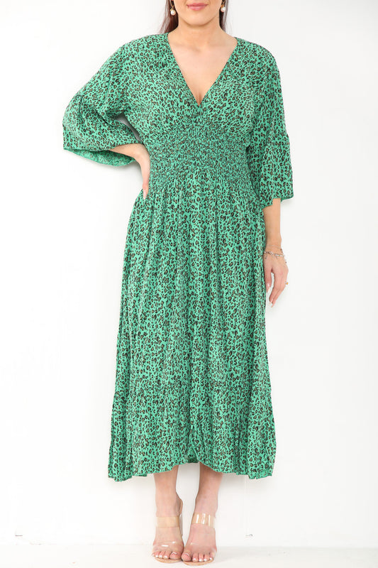 Dames Maxi Jurk Met Panterprint En Elastische Taille Groen