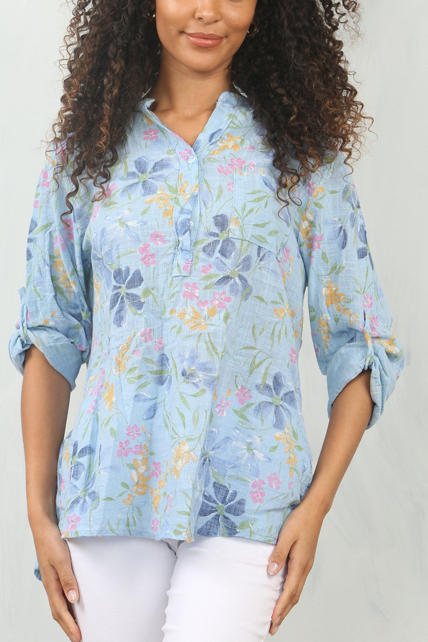 DITSY FLORAL MIX GRANDAD SHIRT BLOUSE - LIGHT BLUE