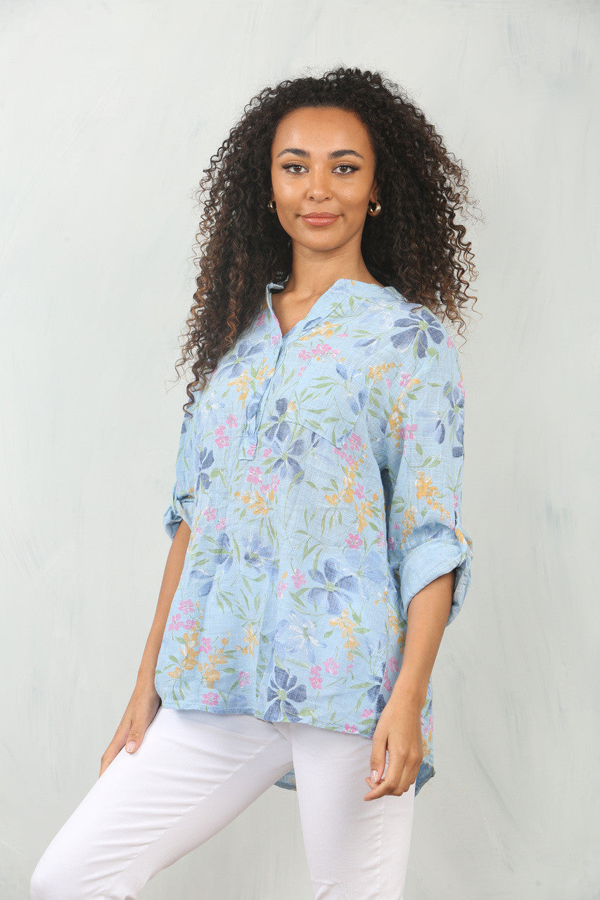 DITSY FLORAL MIX GRANDAD SHIRT BLOUSE - LIGHT BLUE