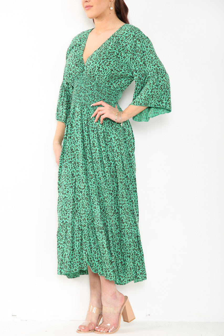 Dames Maxi Jurk Met Panterprint En Elastische Taille Groen