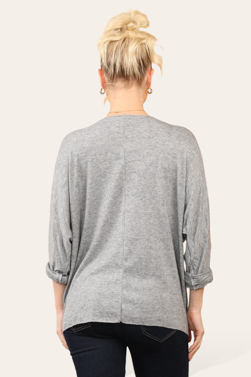 GEOMETRIC DIAMANTE SLEEVE FINE KNIT JUMPER TOP GREY