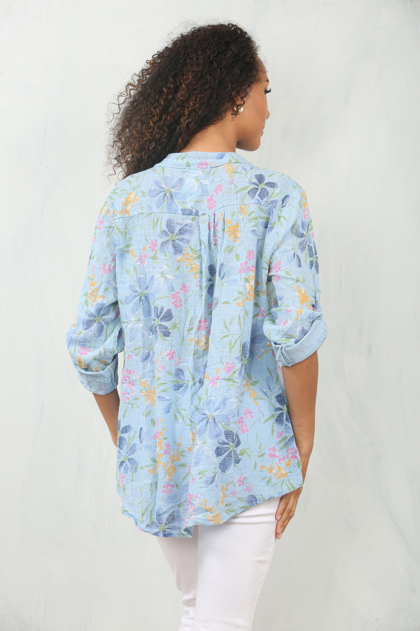 DITSY FLORAL MIX GRANDAD SHIRT BLOUSE - LIGHT BLUE