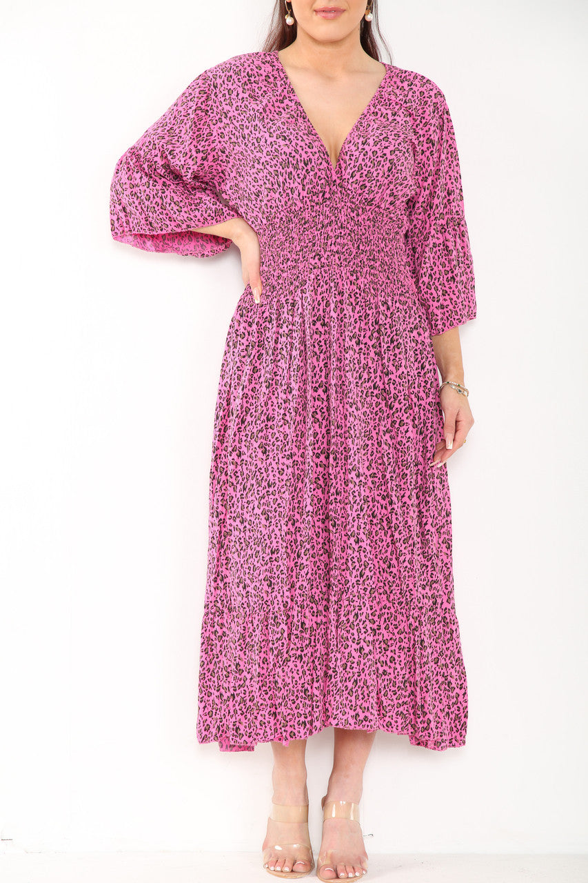 Ladies Leopard Print Elasticated Waist Maxi Dress Cerise