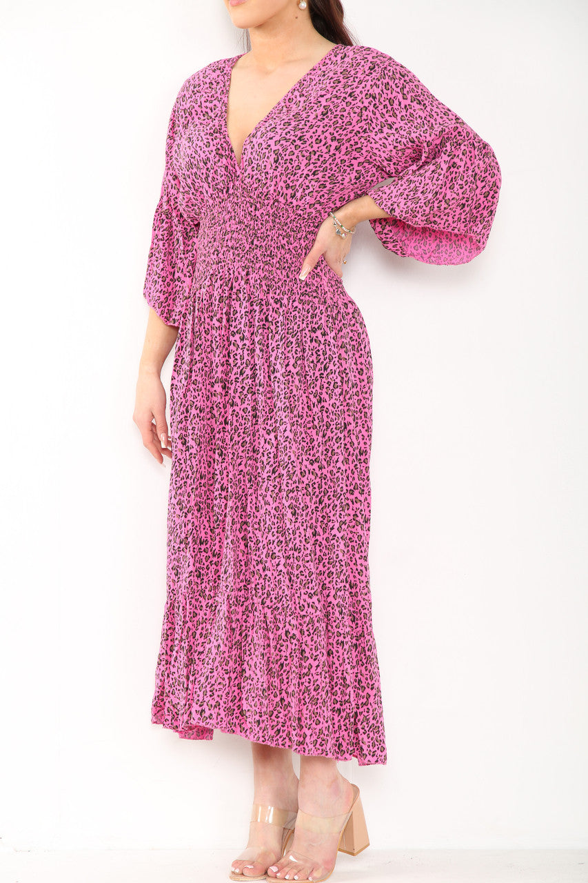 Ladies Leopard Print Elasticated Waist Maxi Dress Cerise