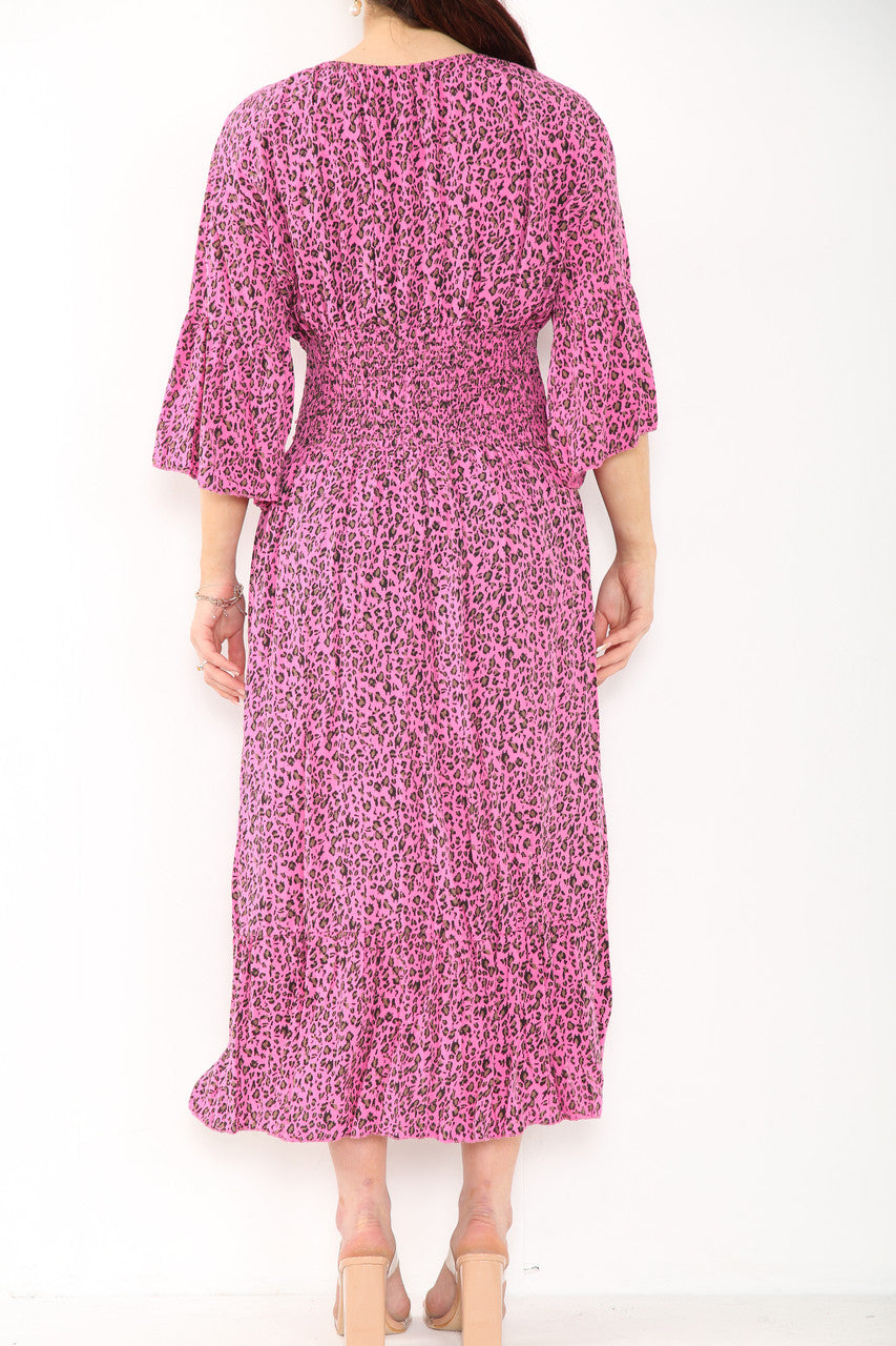Ladies Leopard Print Elasticated Waist Maxi Dress Cerise
