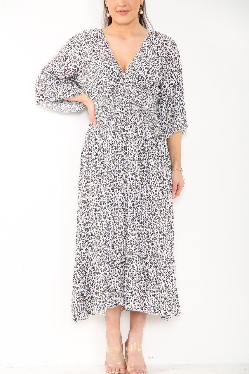 Ladies Leopard Print Elasticated Waist Maxi Dress White