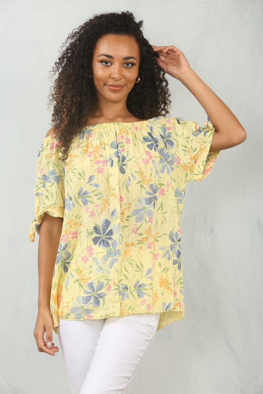 DITSY FLORAL MIX PRINT OFF THE SHOULDER BARDOT TOP LEMON