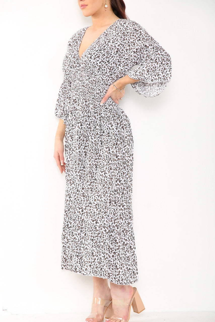 Ladies Leopard Print Elasticated Waist Maxi Dress White