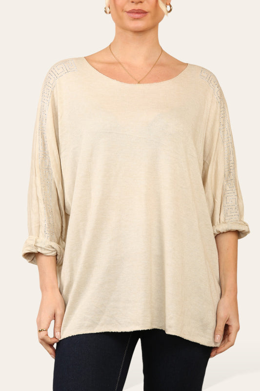 GEOMETRISCHE DIAMANTE MOUW FIJNGEBREIDE TRUI TOP BEIGE
