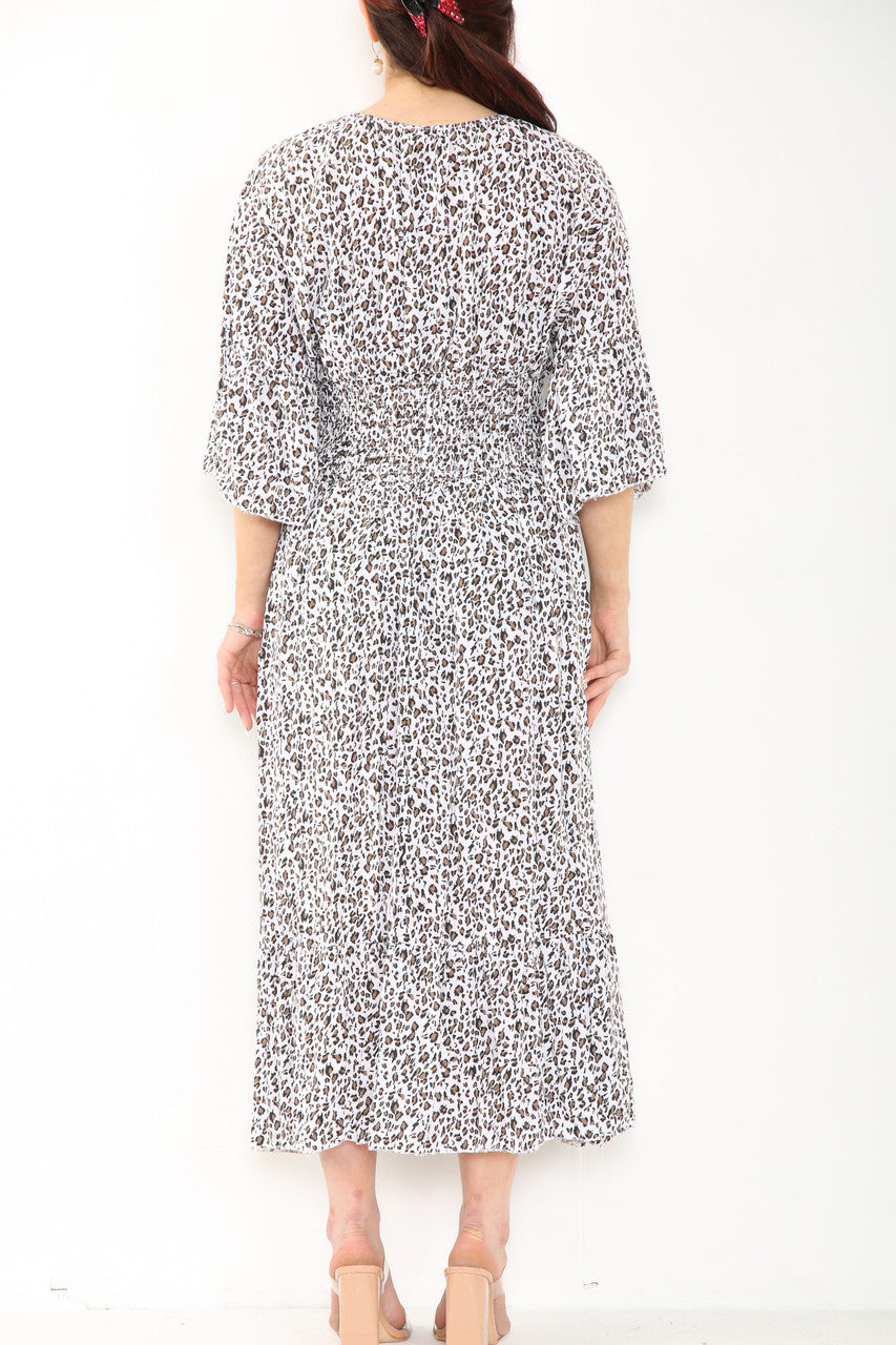 Ladies Leopard Print Elasticated Waist Maxi Dress White