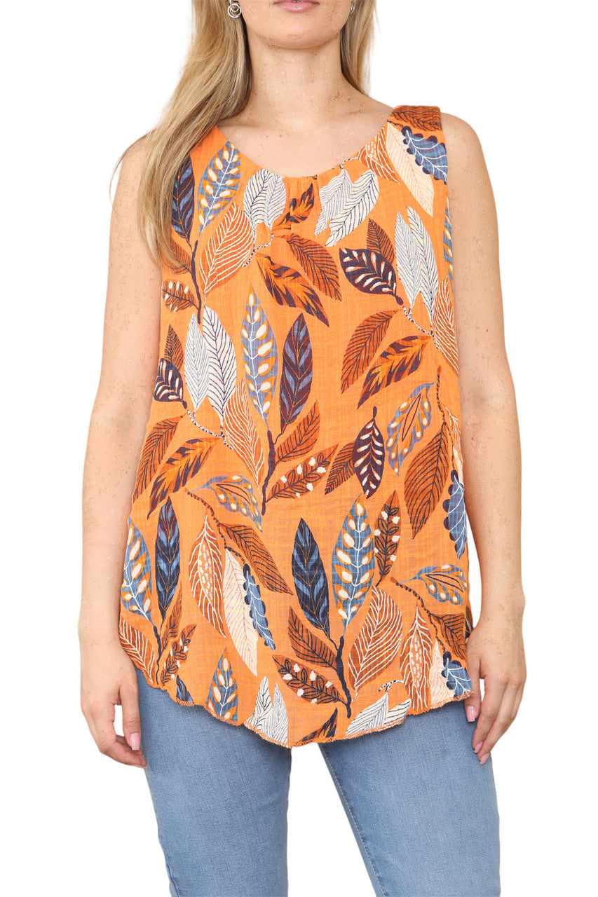 Ladies Leaves Print Sleeveless Vest Top Orange