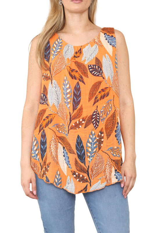 Ladies Leaves Print Sleeveless Vest Top Orange