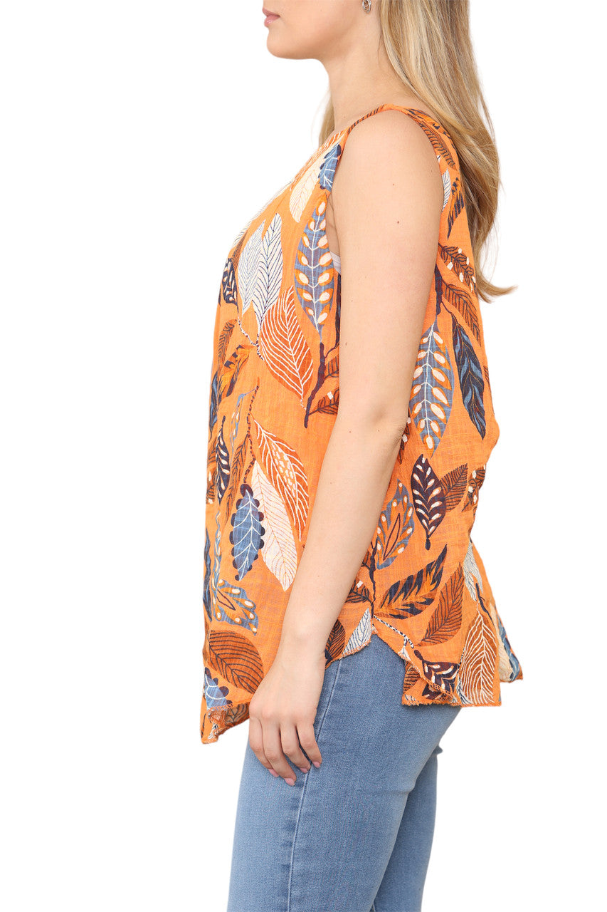 Ladies Leaves Print Sleeveless Vest Top Orange