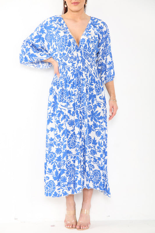 Dames Barokprint Maxi-jurk met Elastische Taille Koninklijk Blauw