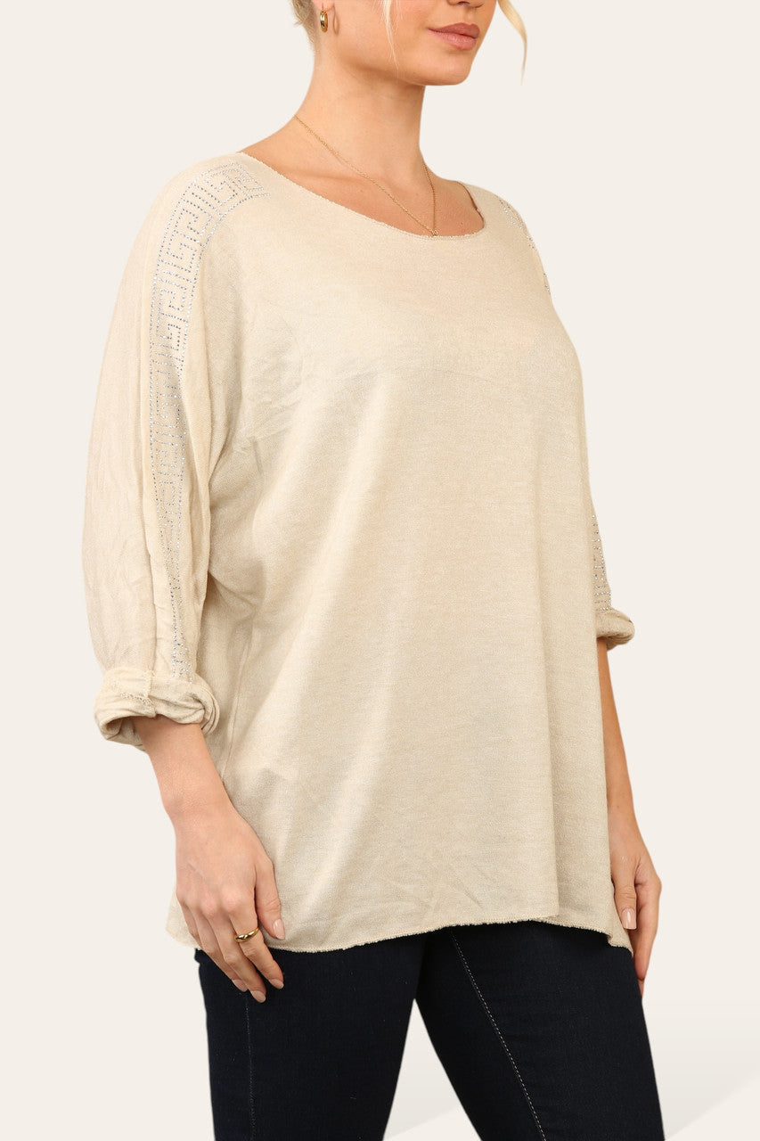 GEOMETRISCHE DIAMANTE MOUW FIJNGEBREIDE TRUI TOP BEIGE