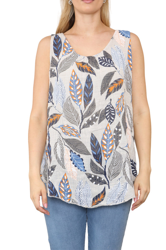 Ladies Leaves Print Sleeveless Vest Top Stone