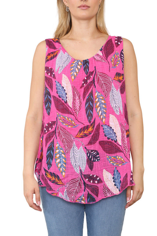 Ladies Leaves Print Sleeveless Vest Top Cerise