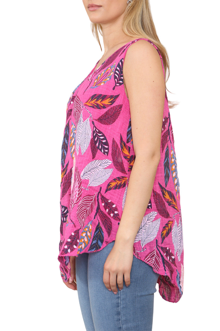 Dames Mouwloze Top met Bladerenprint Cerise