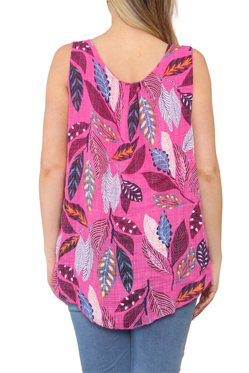 Dames Mouwloze Top met Bladerenprint Cerise