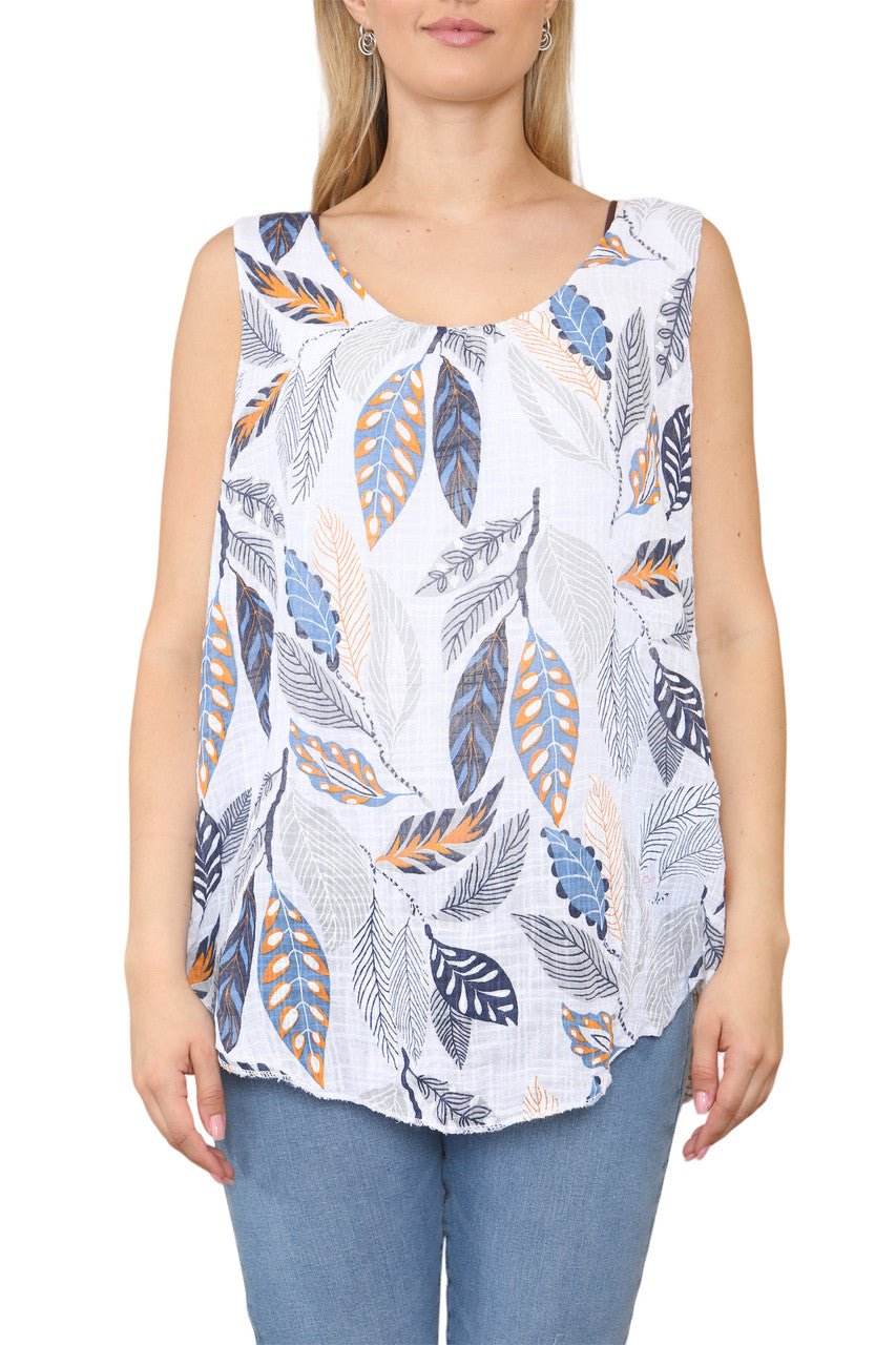 Ladies Leaves Print Sleeveless Vest Top White