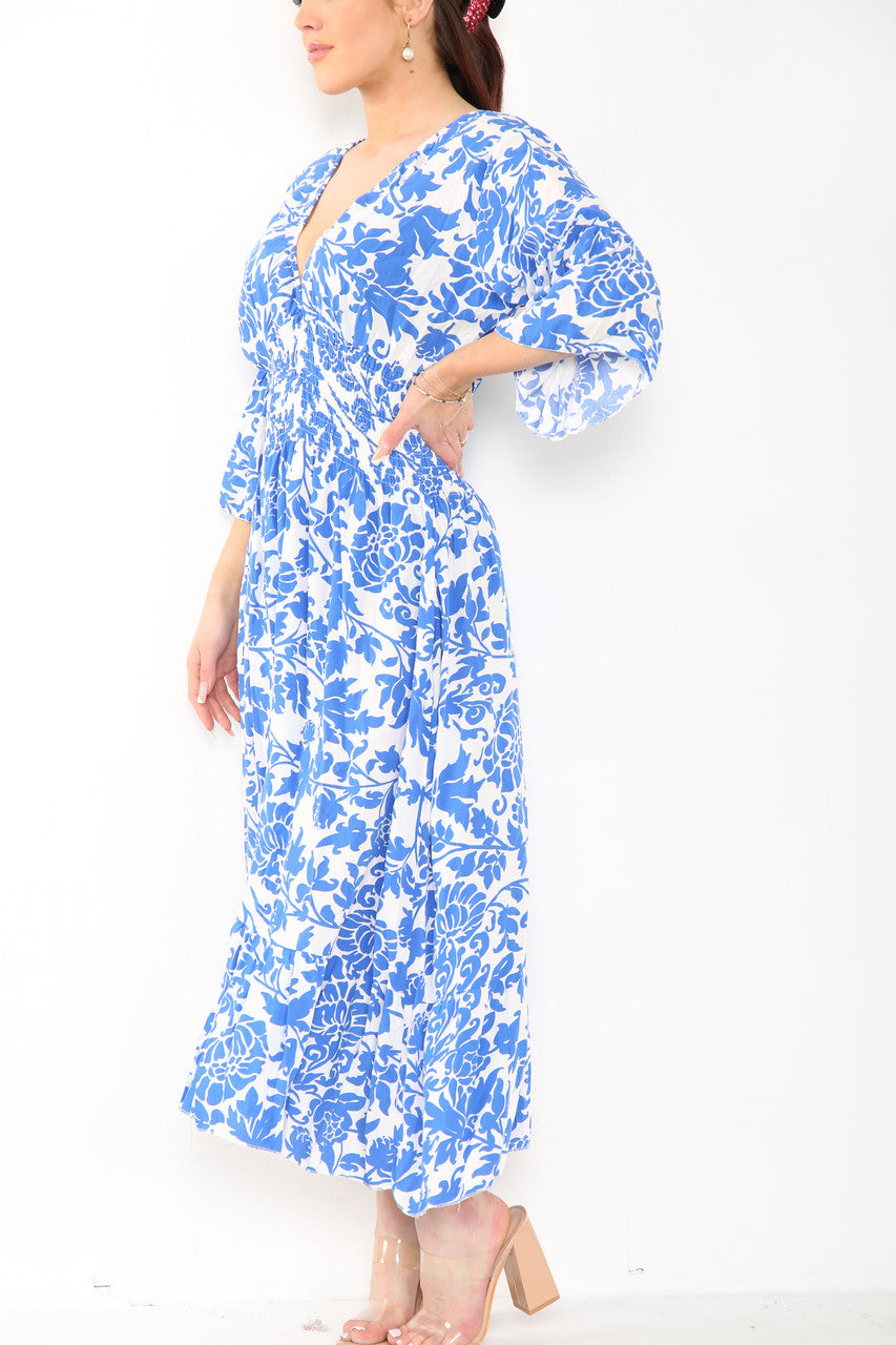 Ladies Baroque Print Elasticated Waist Maxi Dress Royal Blue