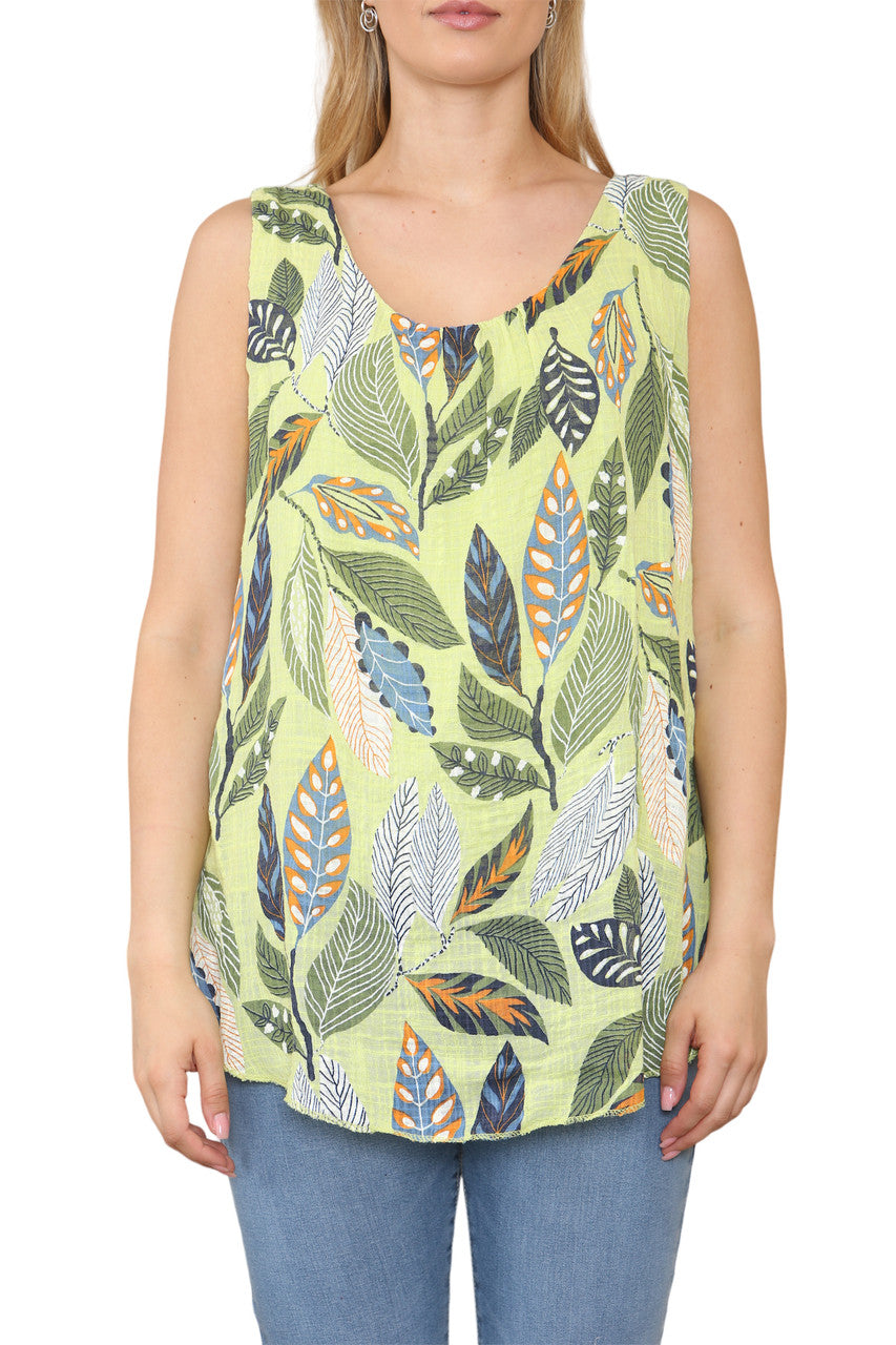 Ladies Leaves Print Sleeveless Vest Top Lime