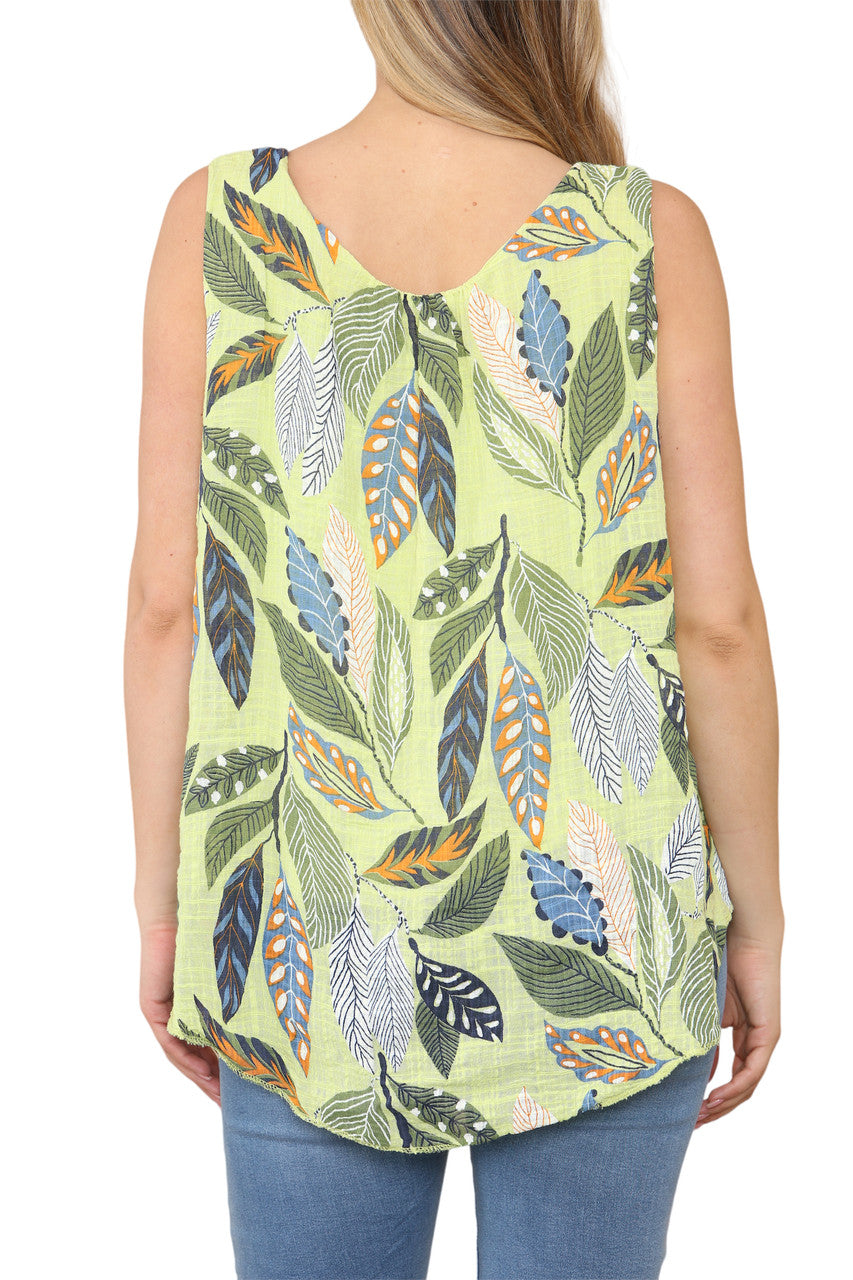 Ladies Leaves Print Sleeveless Vest Top Lime