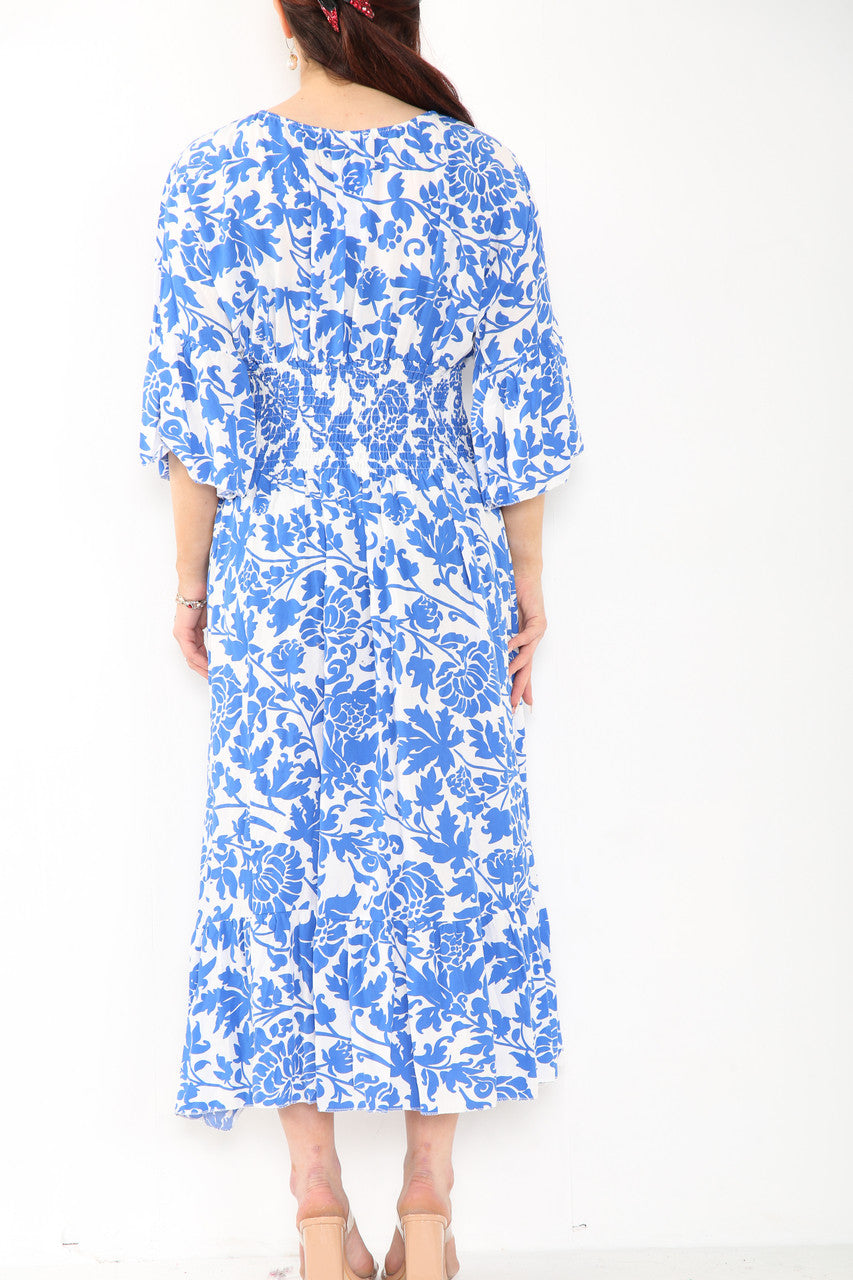 Ladies Baroque Print Elasticated Waist Maxi Dress Royal Blue