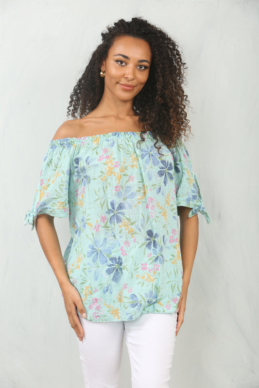 DITSY FLORAL MIX PRINT OFF THE SHOULDER BARDOT TOP MINT