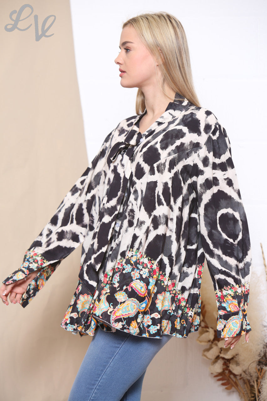 Ladies Tie Dye Print Floral Bottom Tie Neck Blouse Black