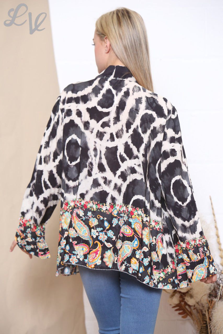 Ladies Tie Dye Print Floral Bottom Tie Neck Blouse Black
