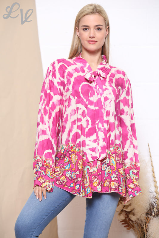 Ladies Tie Dye Print Floral Bottom Tie Neck Blouse Cerise