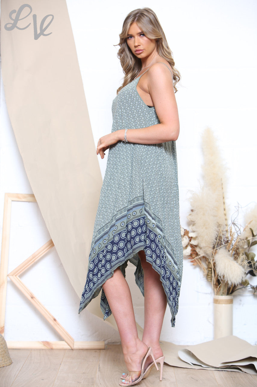 Dames Mouwloze Jurk met Cirkelprint en Dunne Bandjes Kaki