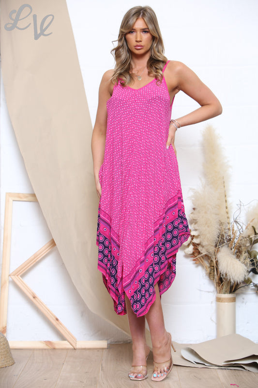 Dames Mouwloze Jurk Met Cirkelprint en Dunne Bandjes Cerise