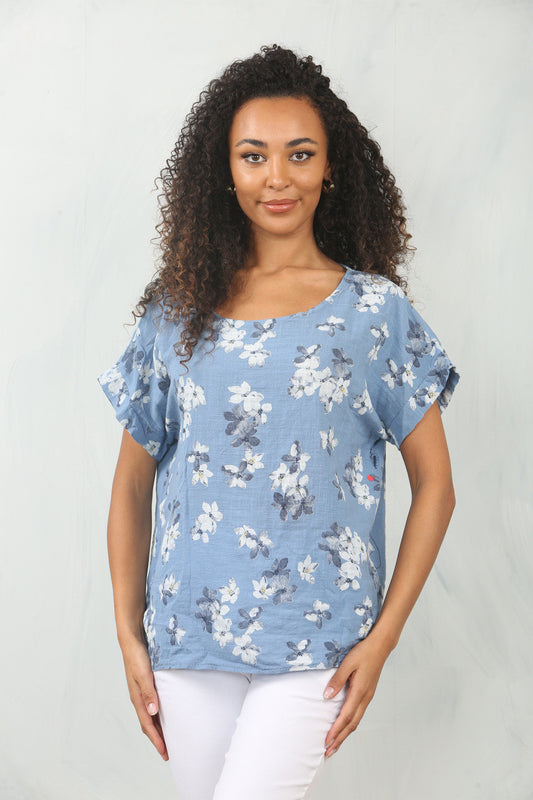 BLOSSOM PRINT TOP DENIM