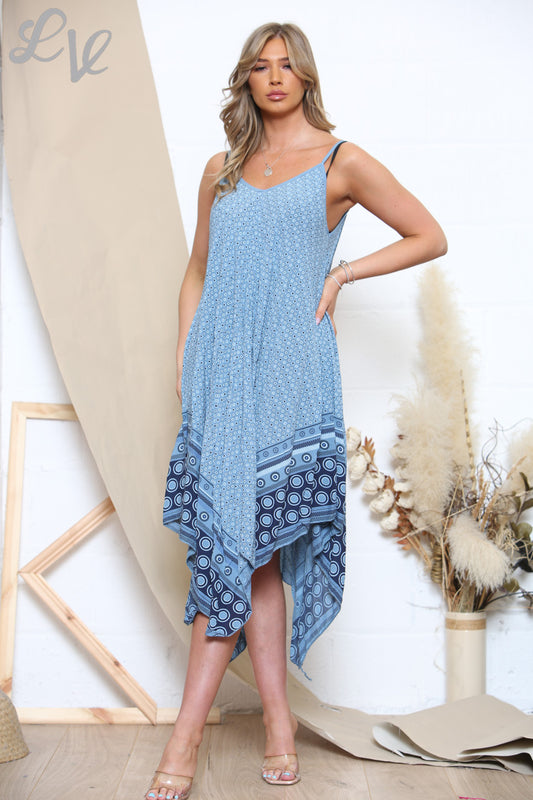 Dames Mouwloze Jurk met Cirkelprint en Spaghettibandjes Denim