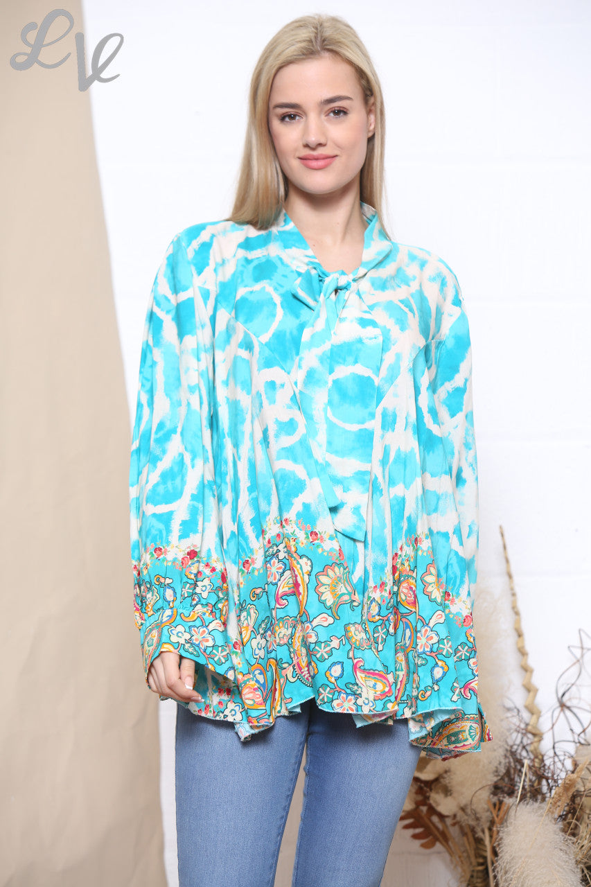 Dames Tie Dye Blouse met Bloemenprint, Strikkraag en Strik onderaan, Turquoise